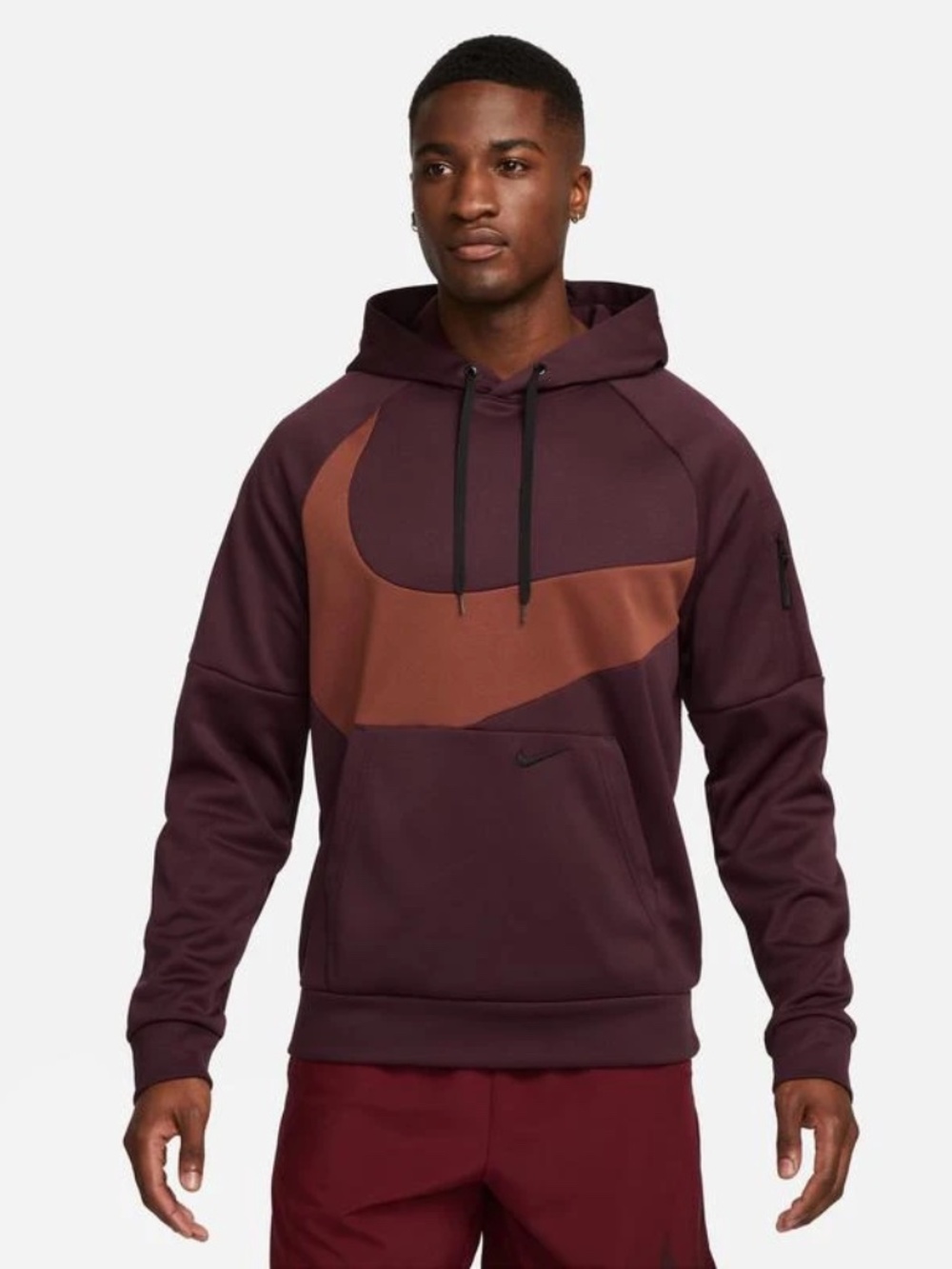 Nike Men's Therma Fleece Pullover Swoosh Hoodie | Maroon/Orange | Size: L